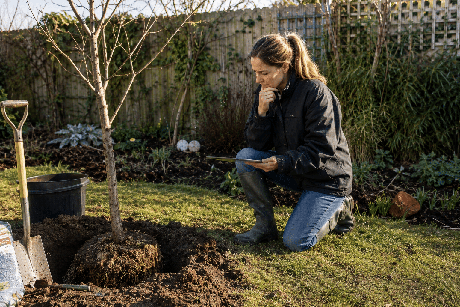 Woman inspecting a tree rootball before replacing a dead tree